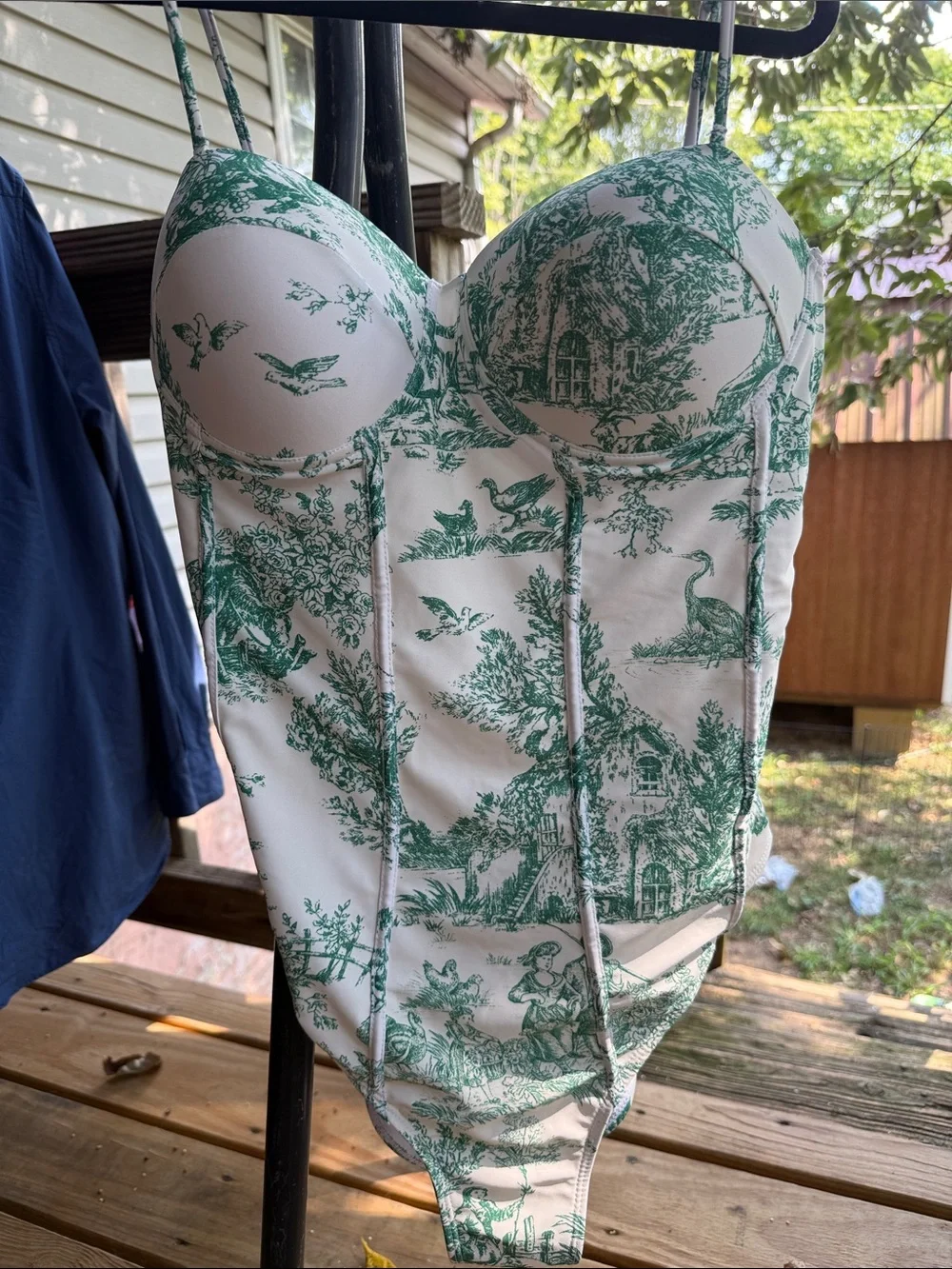 Toile de Jouy Women’s XL Swimsuit off white and green padded cups